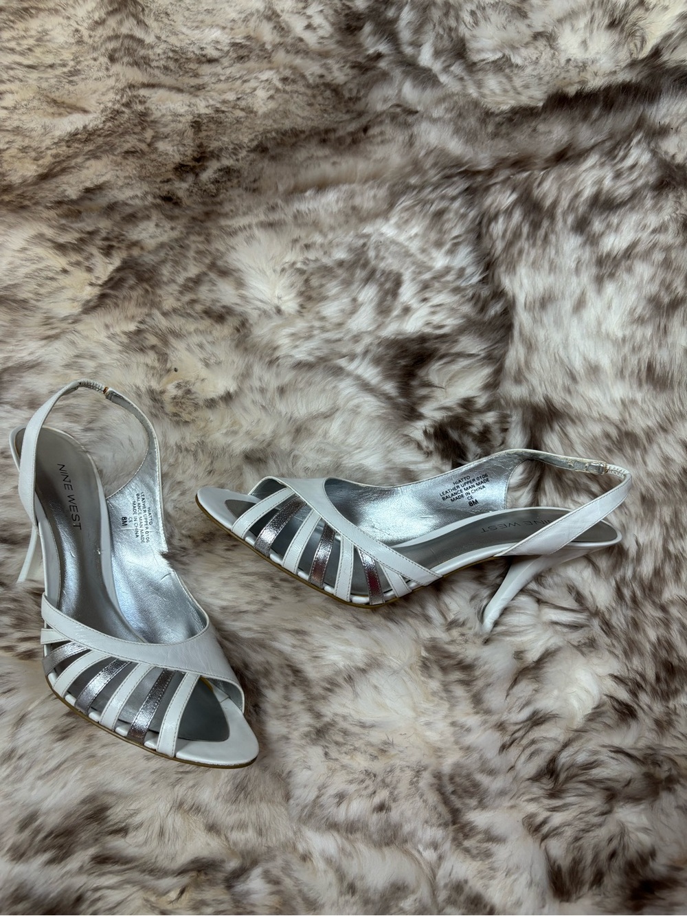 Nine West White and Silver Strappy Slingback Heels